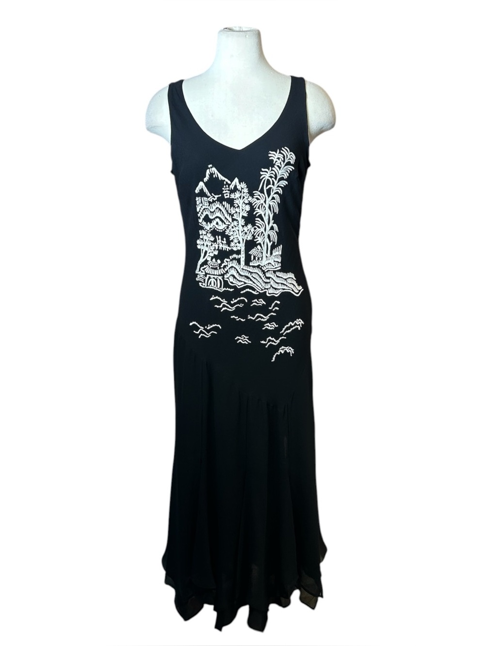 Y2K Sue Wong Embroidery Silk Chiffon Drop Waist Party Dress